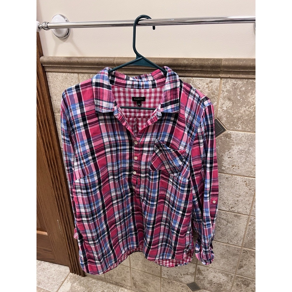 Women Talbots Plaid Cotton Button Front Top Size Large